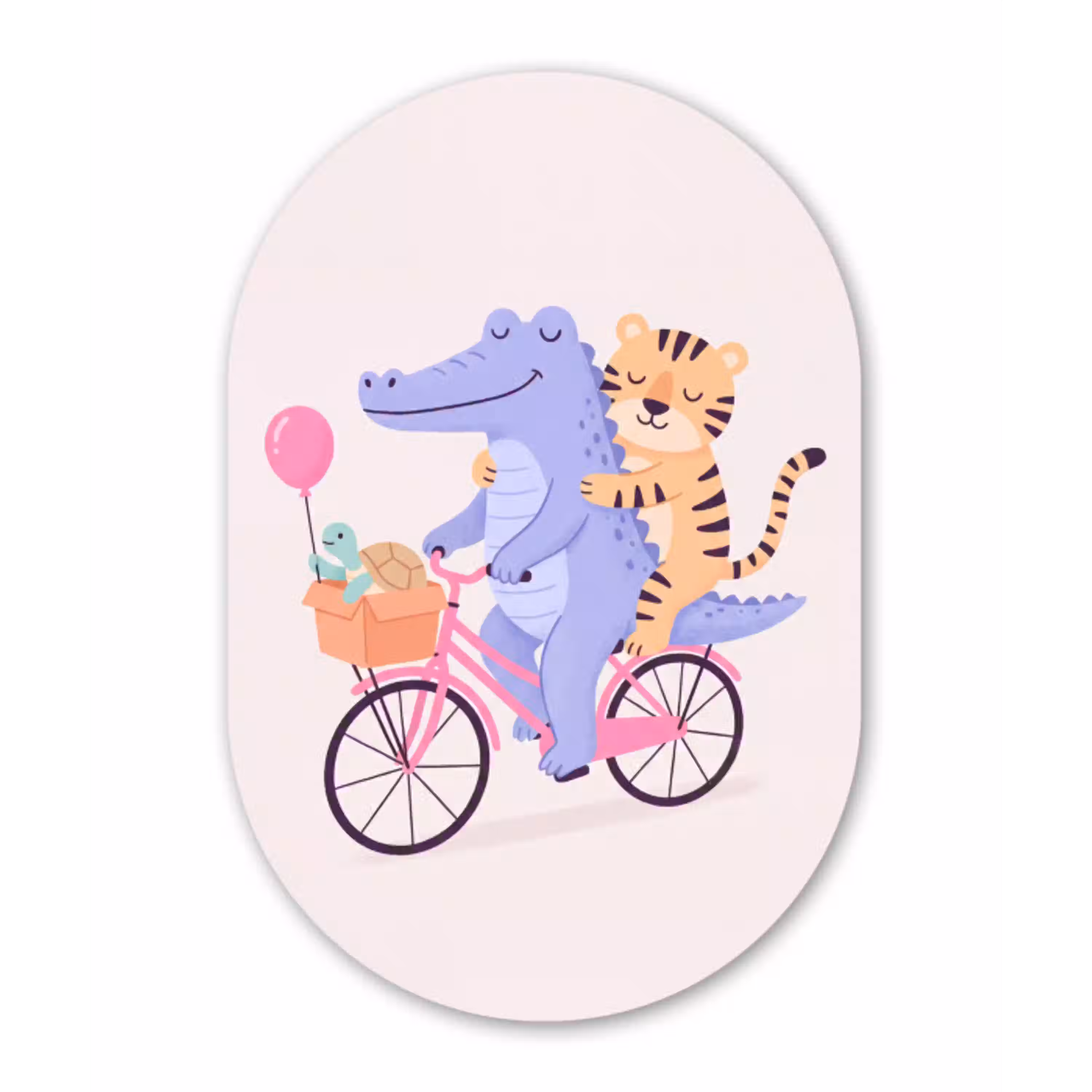 Dieren - Fiets - Vriendschap - Illustratie - Roze Wandcirkel Ovaal Glas middel -3d