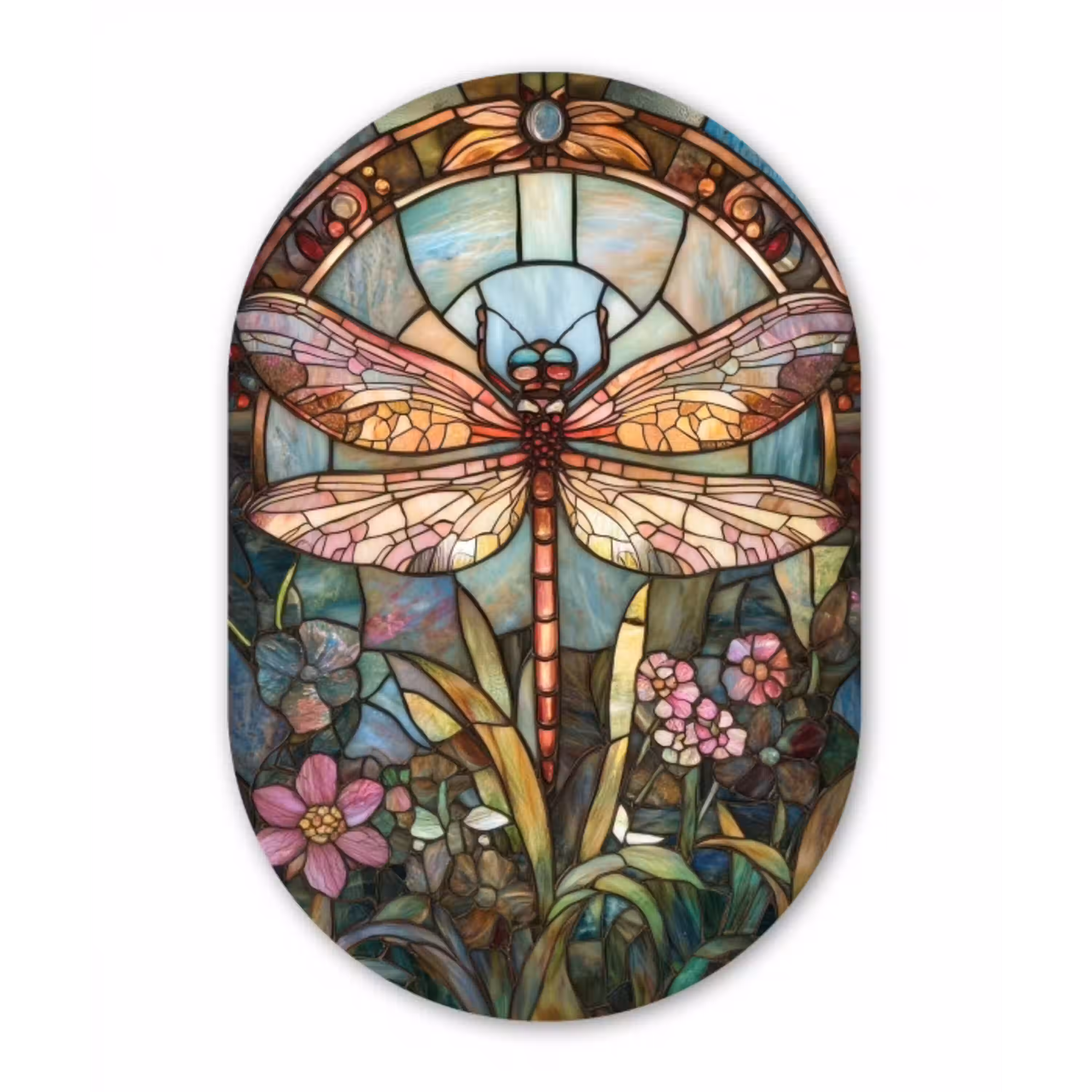 Libelle - Mozaïek - Bloemen - Kleurrijk Wandcirkel Ovaal Glas middel -3d