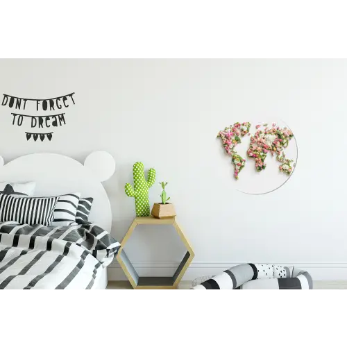 Wereldkaart - Bloemen - Subtiel Wandcirkel aluminium klein -kinderkamer