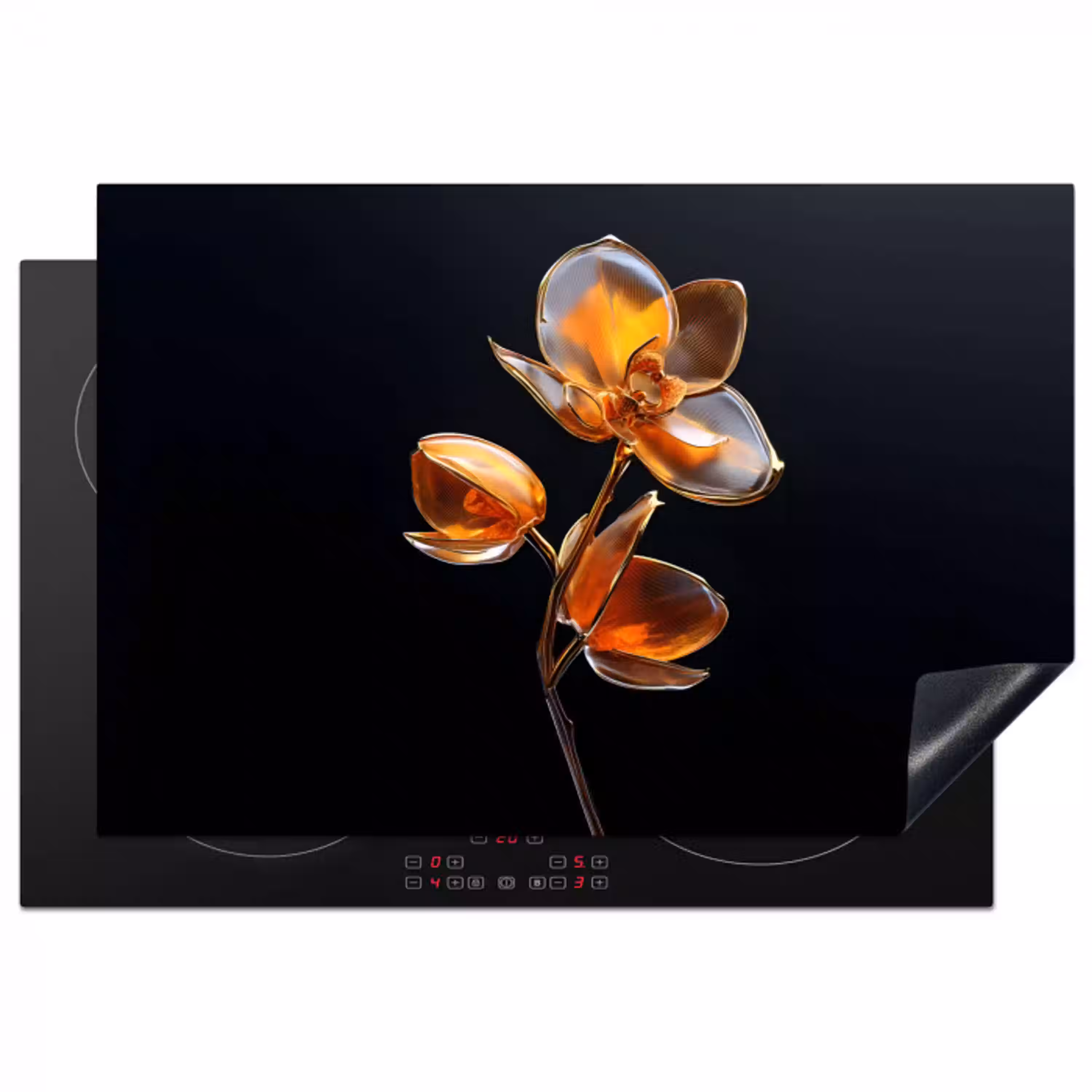 Bloem - Orchidee - Oranje Inductie beschermer vinyl 3mm klein -3d