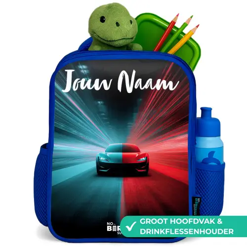 Sportauto - Blauw - Neon - Stad Kinderrugzak - Blauw middel -inhoud_NL