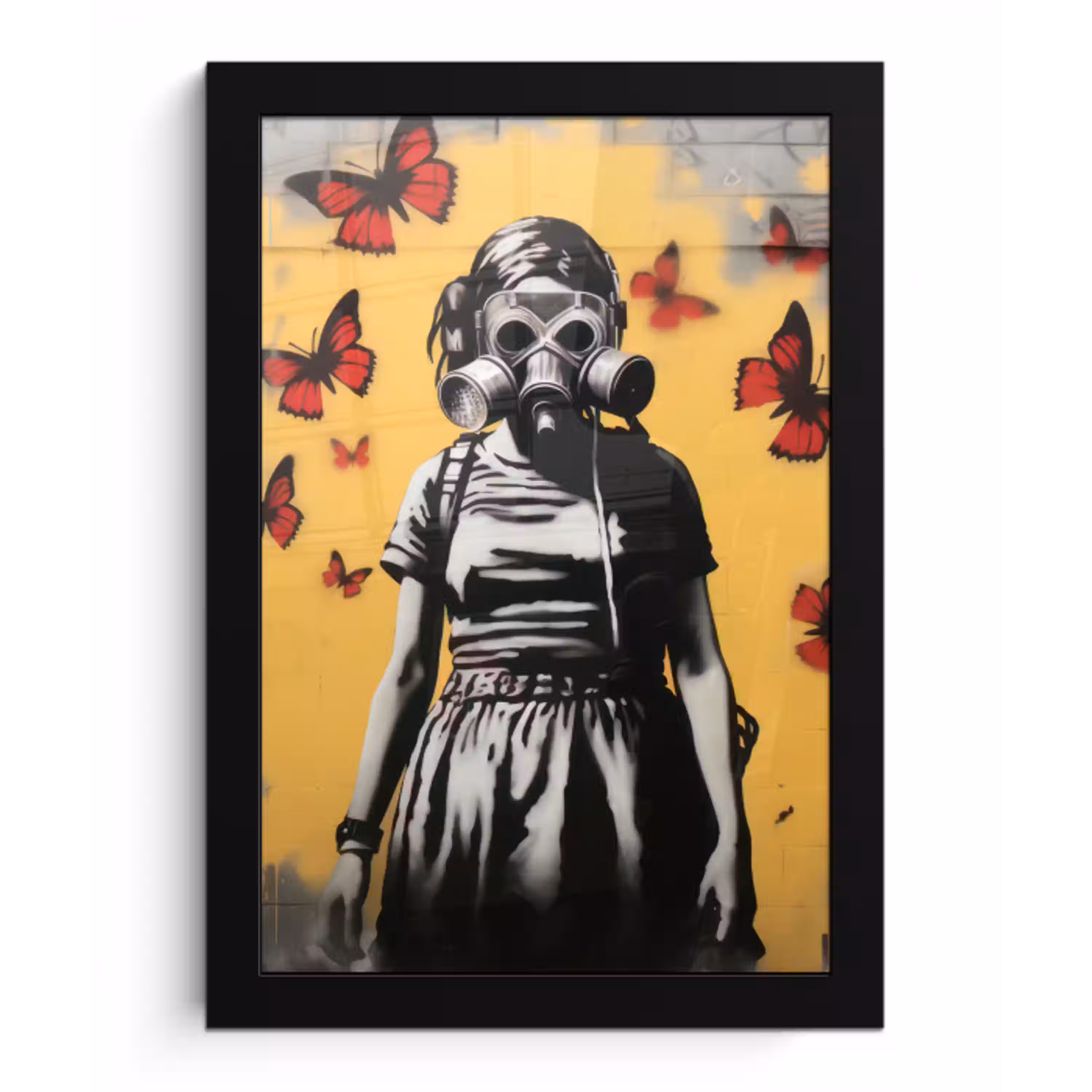 Meisje - Gasmasker - Vlinders - Graffiti fotolijst zwart zonder passe partout klein -3d