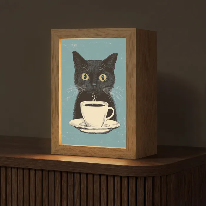 Kat - Zwart - Koffie - Minimalistisch Light Box met kabel (Tafellamp) klein -z3d_website