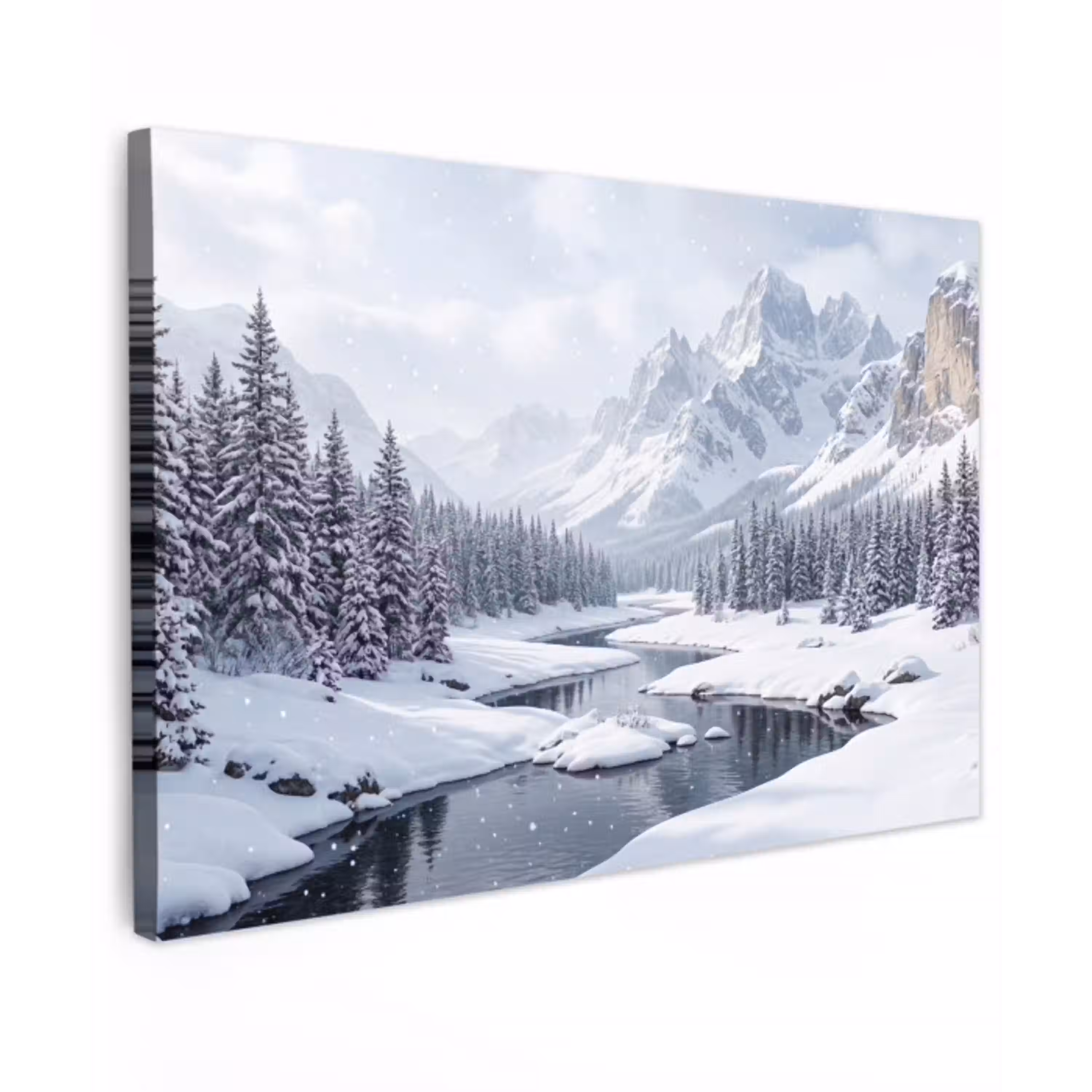 Sneeuwlandschap - Bergen - Rivier - Winter Tuinposter op houten frame 2 cm dik klein -3d