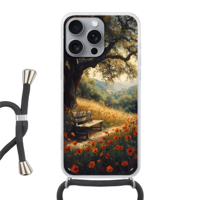 Telefoonhoesje met koord - Bankje - Boom - Klaprozen - Heuvels
