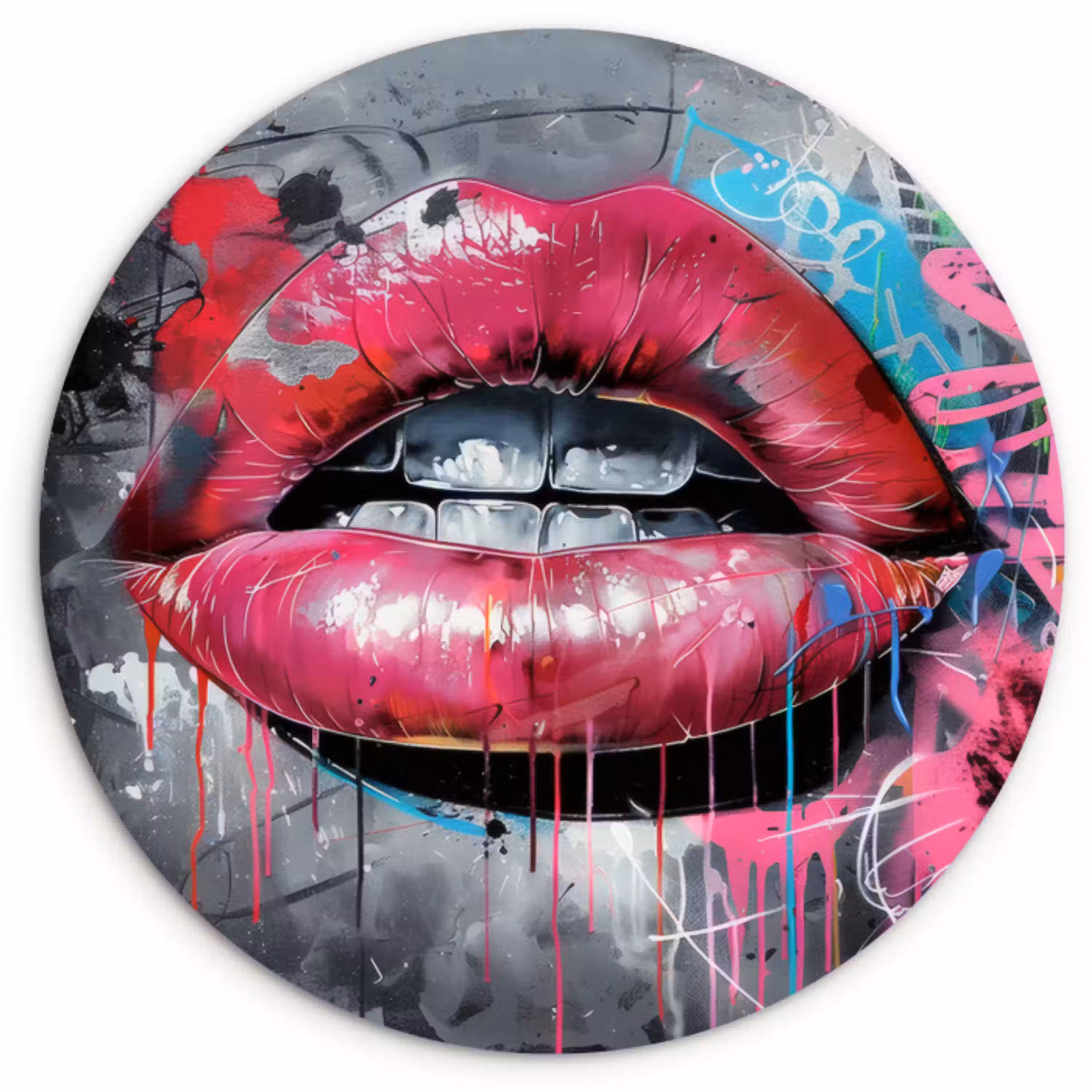 Lippen - Felroze - Graffiti - Verfstrepen Wandcirkel kunststof plaat 5mm dik klein -3d
