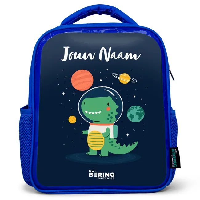 Rugzak kind met naam - Blauw Ruimte - Dino - Planeten - Sterren