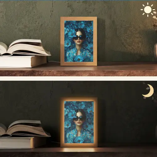 Vrouw - Bloemen - Blauw - Aesthetic - Luxe Light Box met kabel (Tafellamp) klein -sfeer3