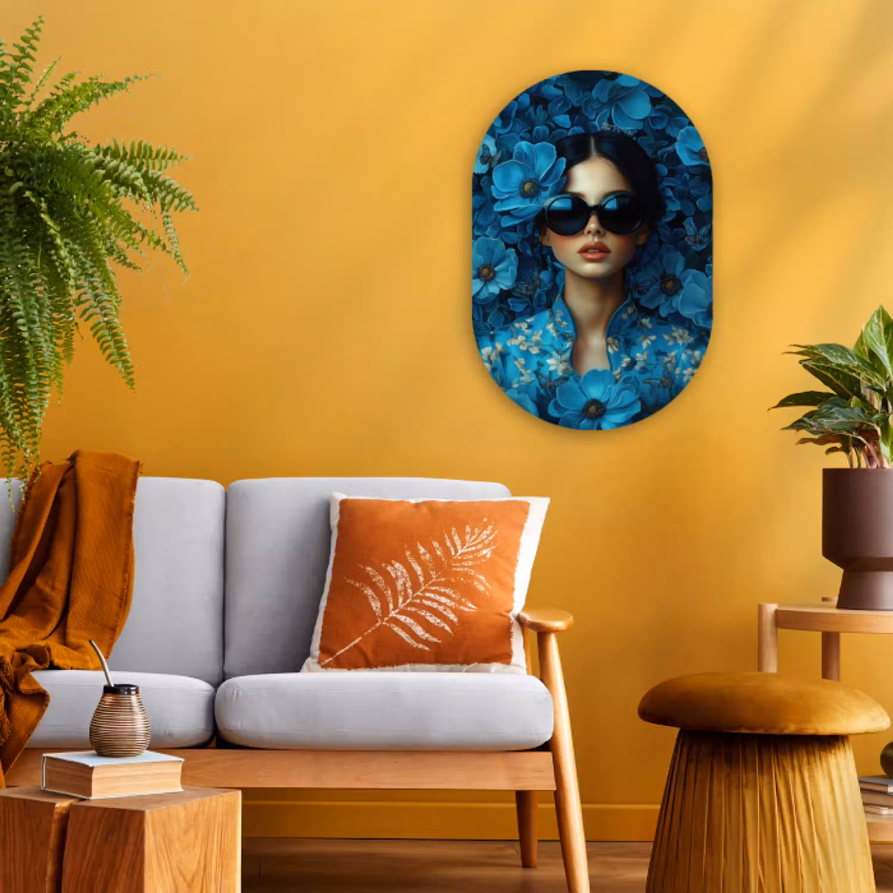 Vrouw - Bloemen - Blauw - Aesthetic - Luxe Wandcirkel Ovaal Forex klein -sfeer4