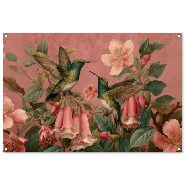 Tuinposter - Kolibries - Bloemen - Groen - Roze