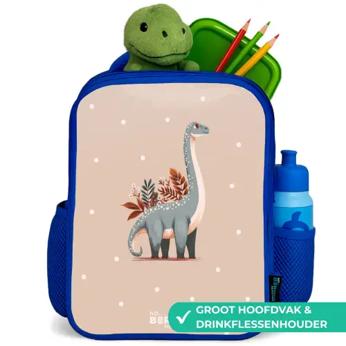 Blauwe dinosaurus op een beige stippenachtergrond Kinderrugzak - Blauw middel -inhoud_NL