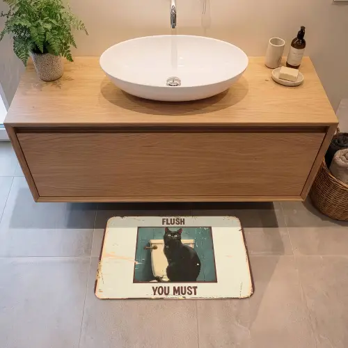 Kat - Vintage - Zwart - Quote - Flush you must Badmat klein -sfeer1