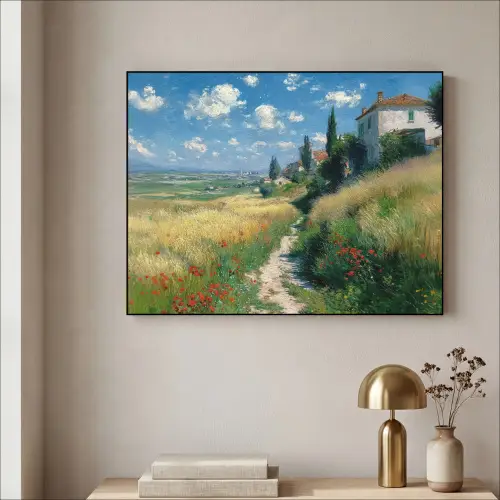 Zandpad - Huis - Bomen - Grasveld Textielframe zwart klein -sfeer2