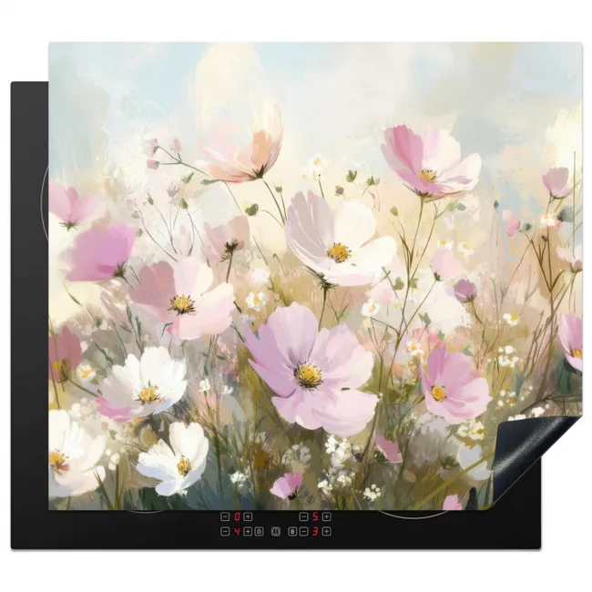 Bloemenveld - Lichte tinten - Geschilderd Inductie beschermer vinyl 3mm middel -3d