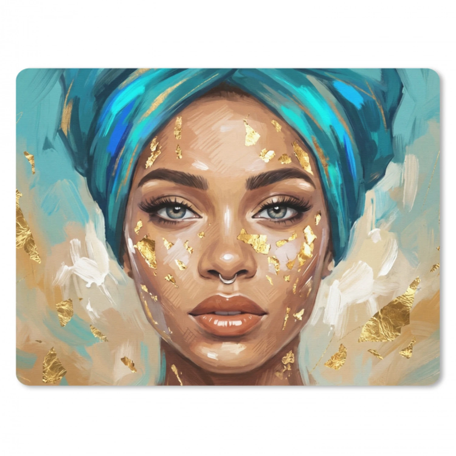 Portret - Vrouw - Schilderij - Blauw - Goud - Expressief muismat rubber klein -3d
