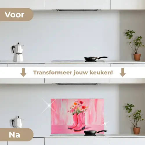 Roze - Bloemen - Cowboy keuken achterwand spatscherm klein -voor_na_NL