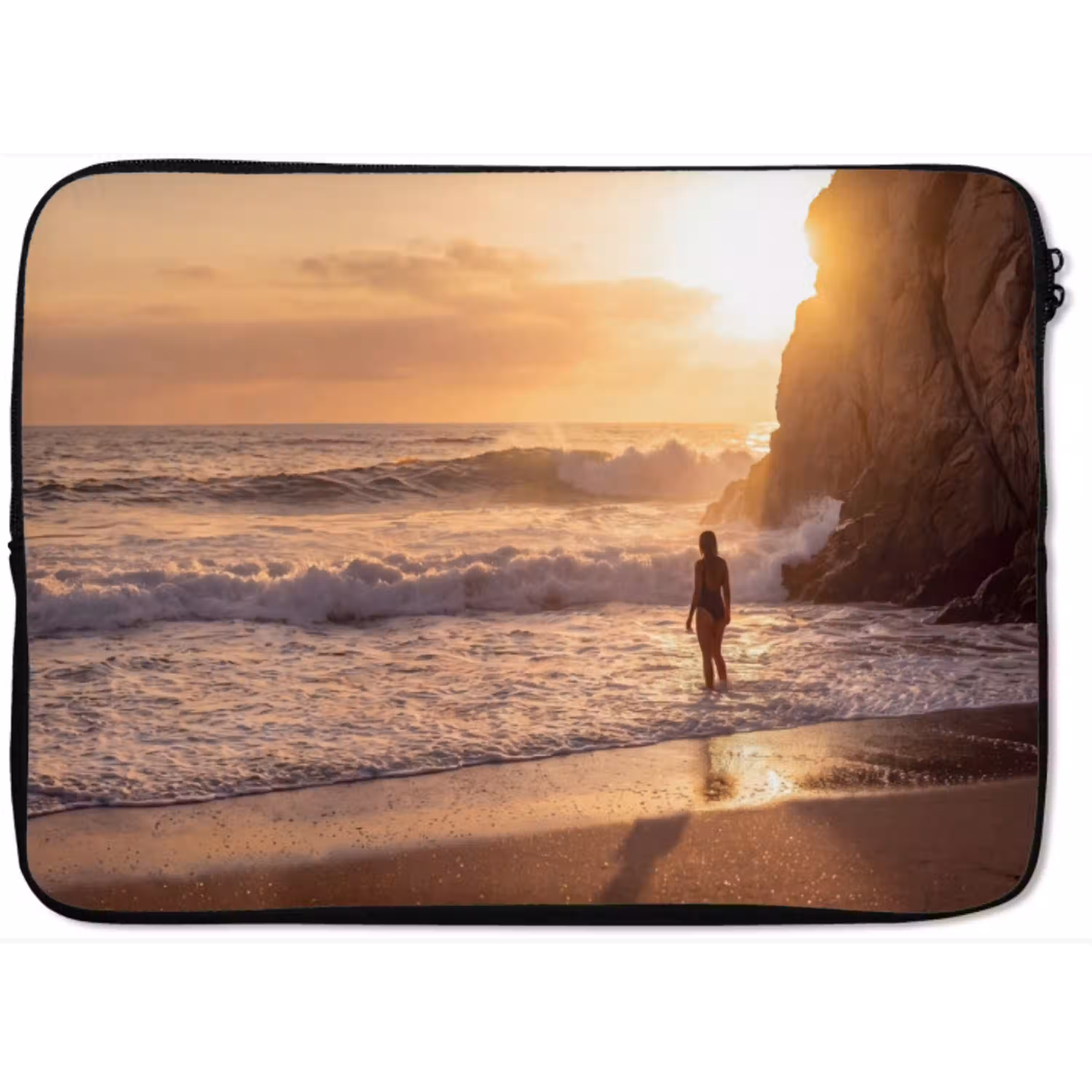 Mensen - Oceaan - Zonsondergang - Kust - Goud laptophoes neopreen klein -zkaufland3dotto