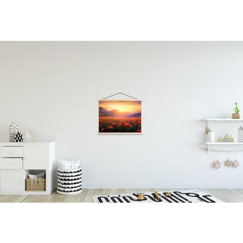Landschap - Zonsondergang - Bloemenveld textielposter latten blank klein -kinderkamer
