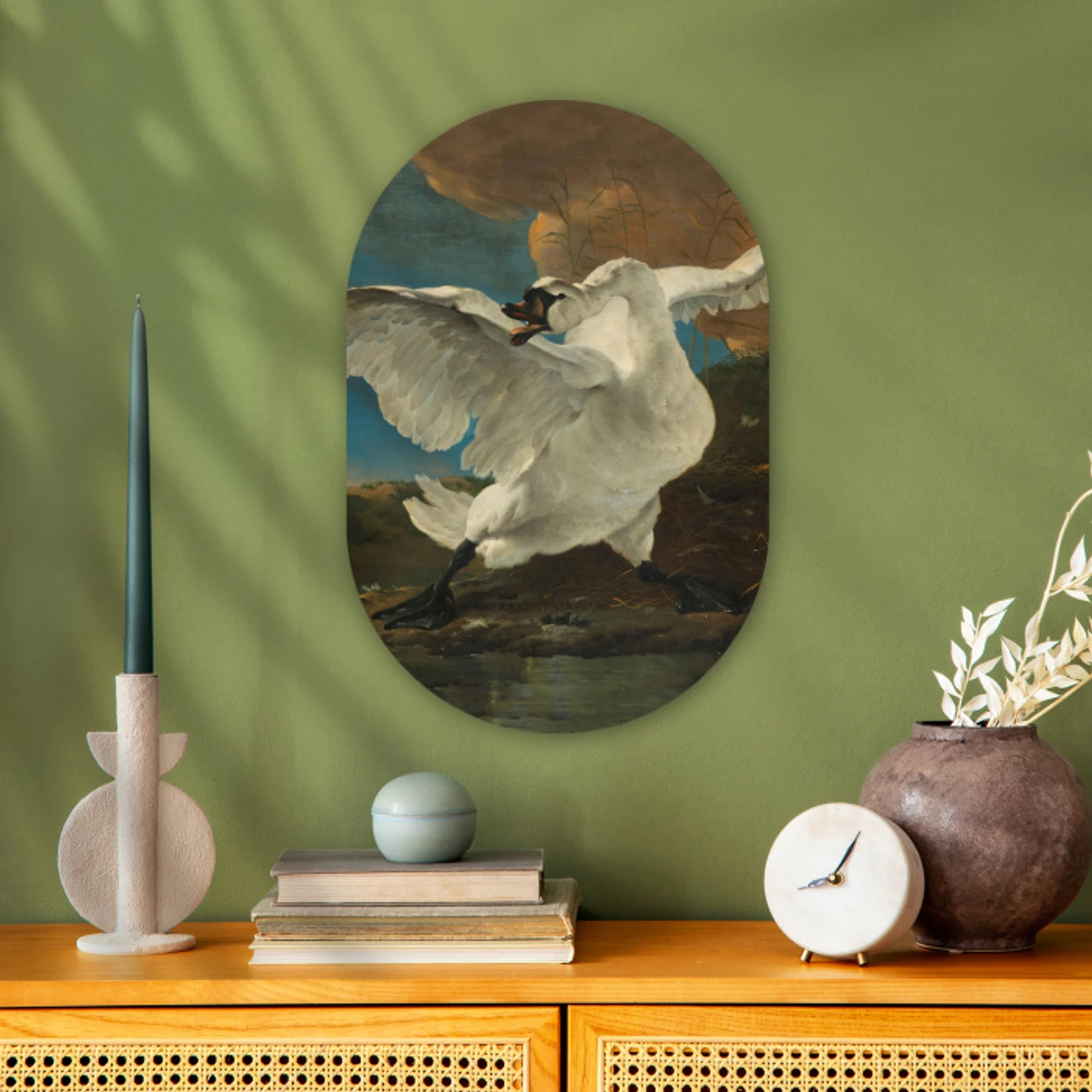 De bedreigde zwaan - Schilderij van Jan Asselijn Wandcirkel Ovaal Forex klein -sfeer2