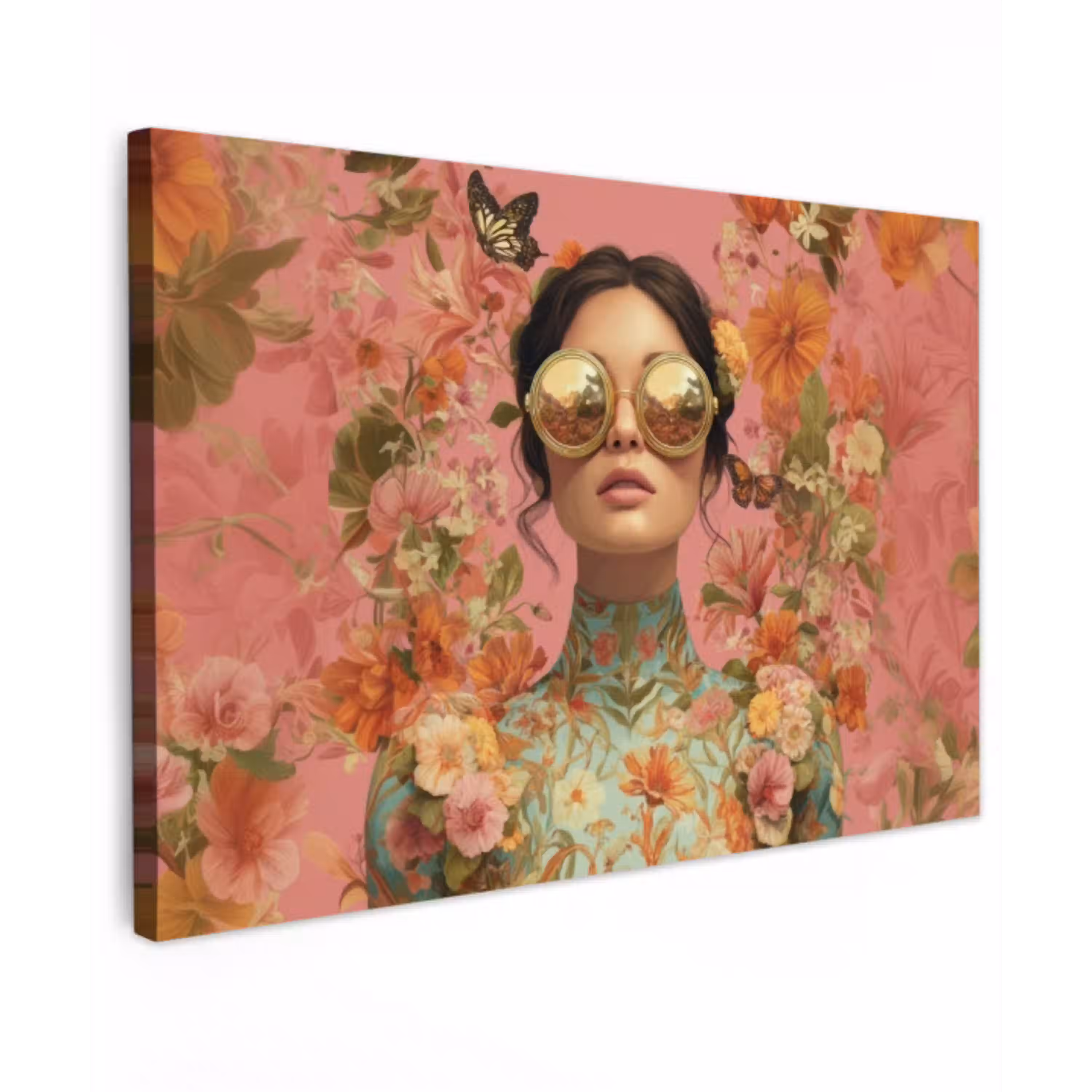 Vrouw - Bril - Roze - Bloemen Tuinposter op houten frame 2 cm dik klein -3d