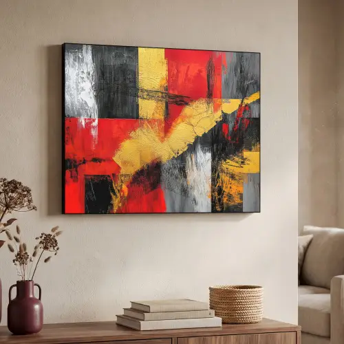Abstracte kunst - Goud - Zwart Textielframe zwart klein -sfeer3