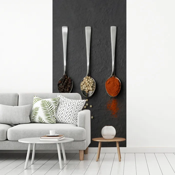 Specerijen - Lepels - Tafel - Rustiek - Kruiden fotobehang vinyl groot -woonkamer