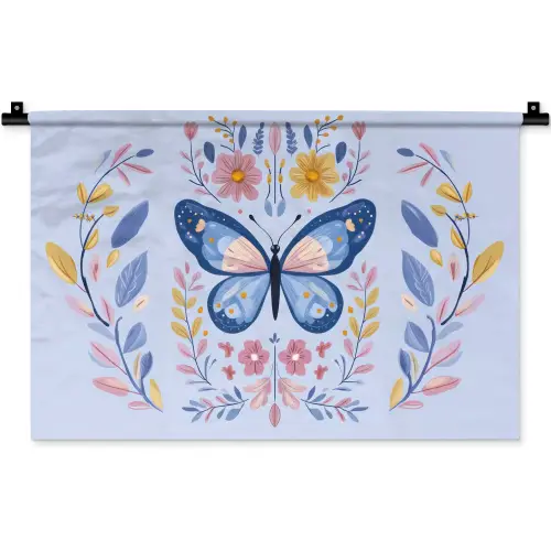 Vlinder - Lichtblauw - Sierlijk - Bloemen Wandkleed katoen klein -zz3d