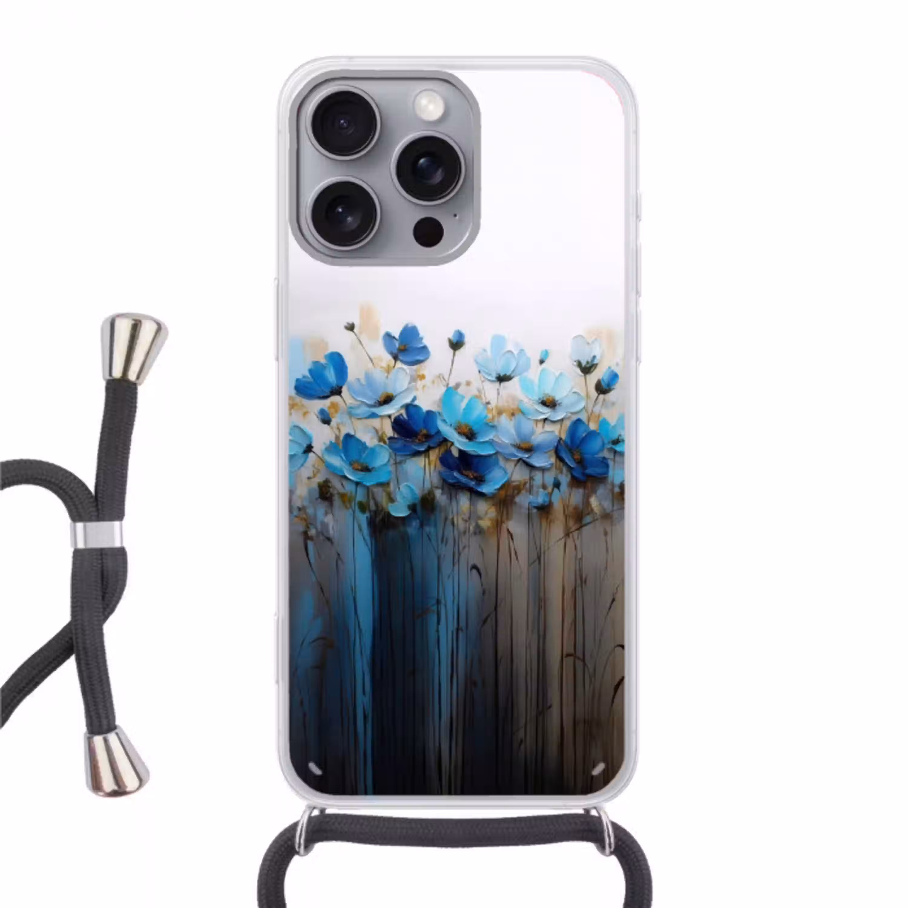 Bloemen - Schilderij - Blauw Hoesje iPhone 16 Pro Max met koord klein -3d
