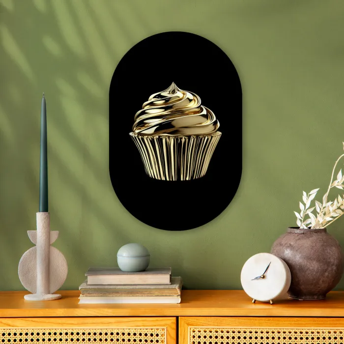 Cupcake - Eten - Goud - Zwart Wandcirkel Ovaal Forex klein -sfeer2