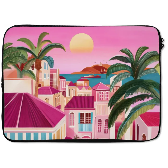 Stad - Roze - Palmbomen laptophoes neopreen klein -zkaufland3dotto