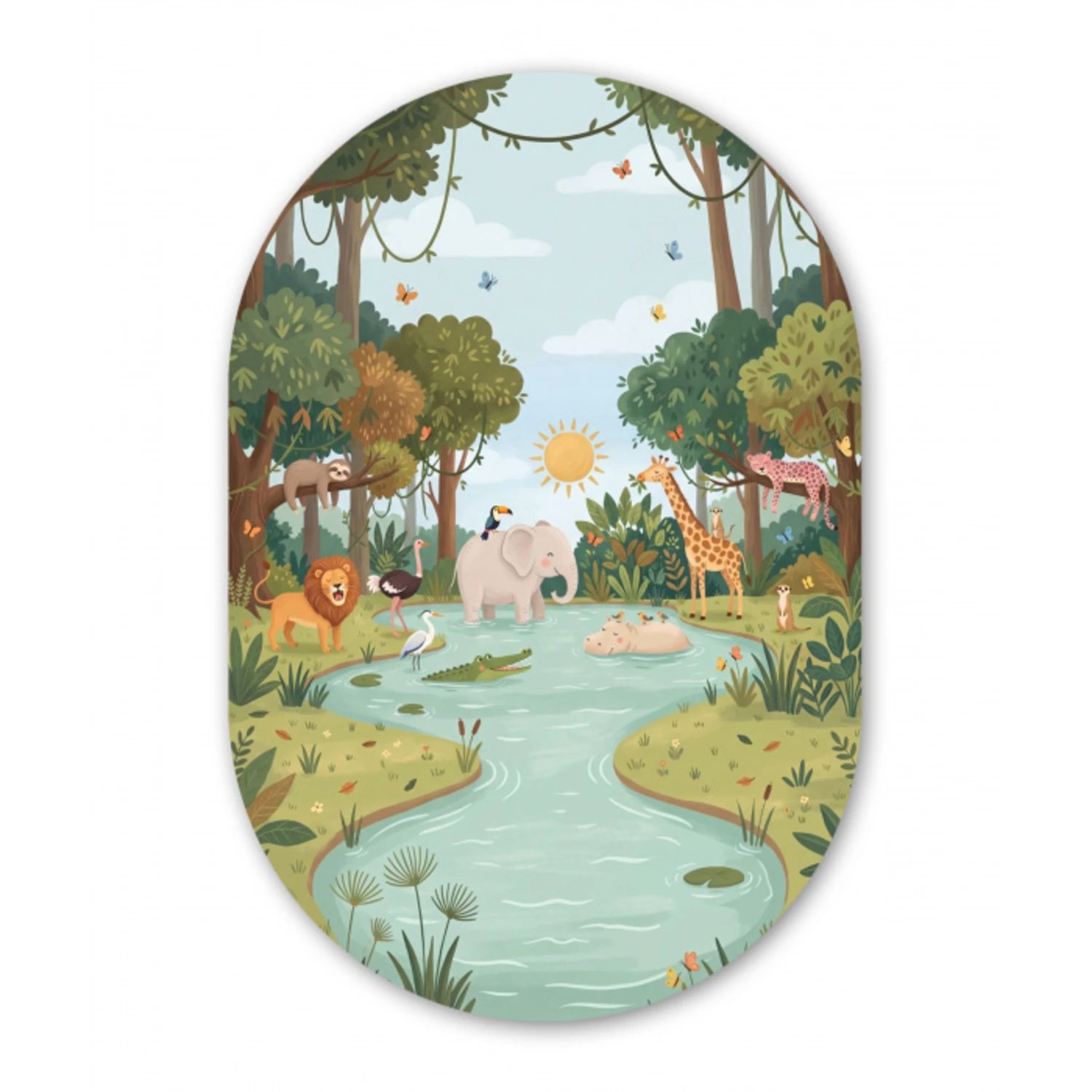 Jungle - Oase - Dieren - Kleurrijk Wandcirkel Ovaal Aluminium middel -3d