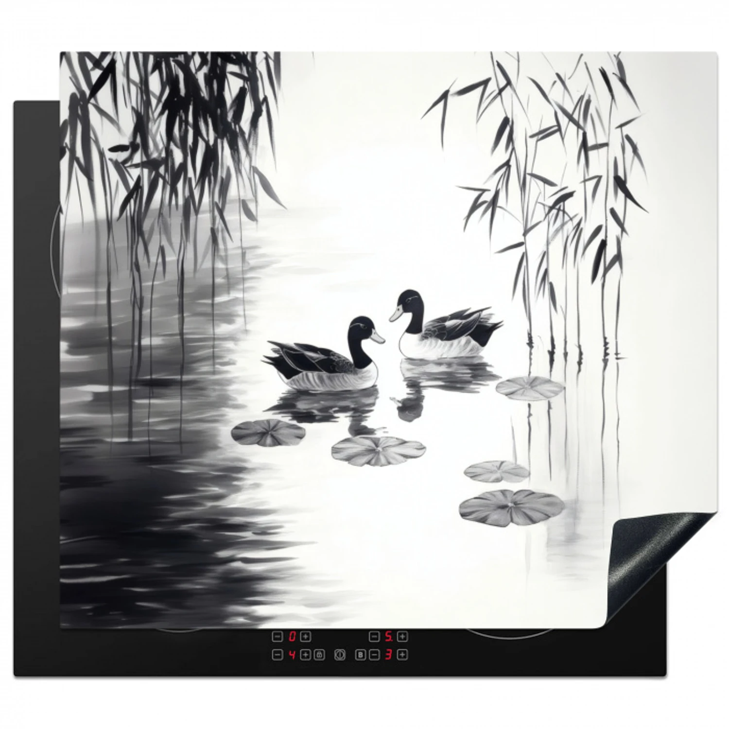 Eenden - Waterlelies - Riet - Zwart Inductie beschermer vinyl 3mm middel -3d