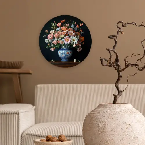 Hout - Vaas - Kleuren - Bloemen Wandcirkel kunststof plaat 5mm dik klein -sfeer1