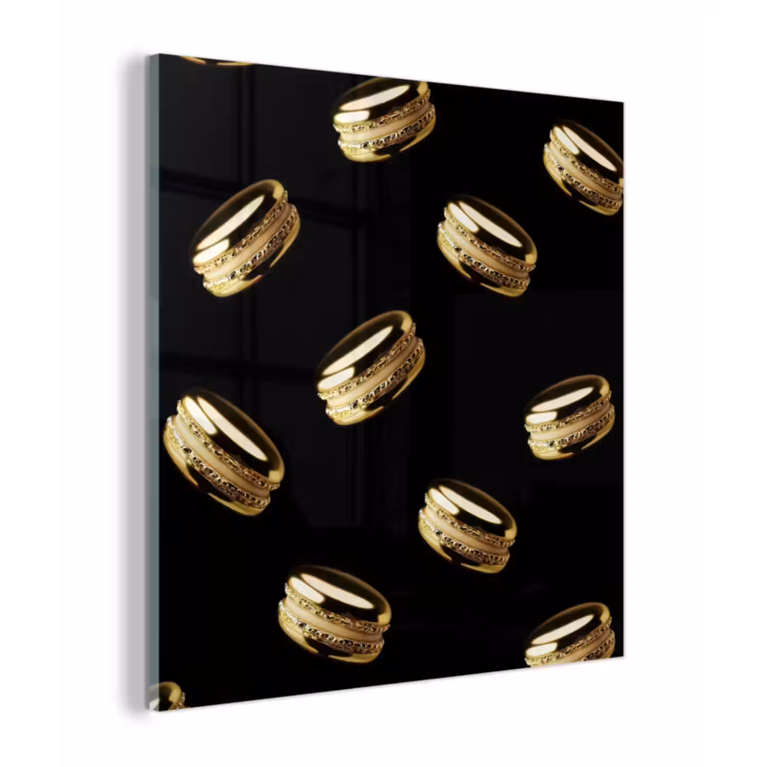 Glas schilderij - Macarons - Patroon - Goud - Zwart