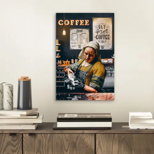 Melkmeisje - Barista - Koffie - Vintage - Kunst - Abstract - Schilderij - Oude meesters aluminium wit klein -sfeer1