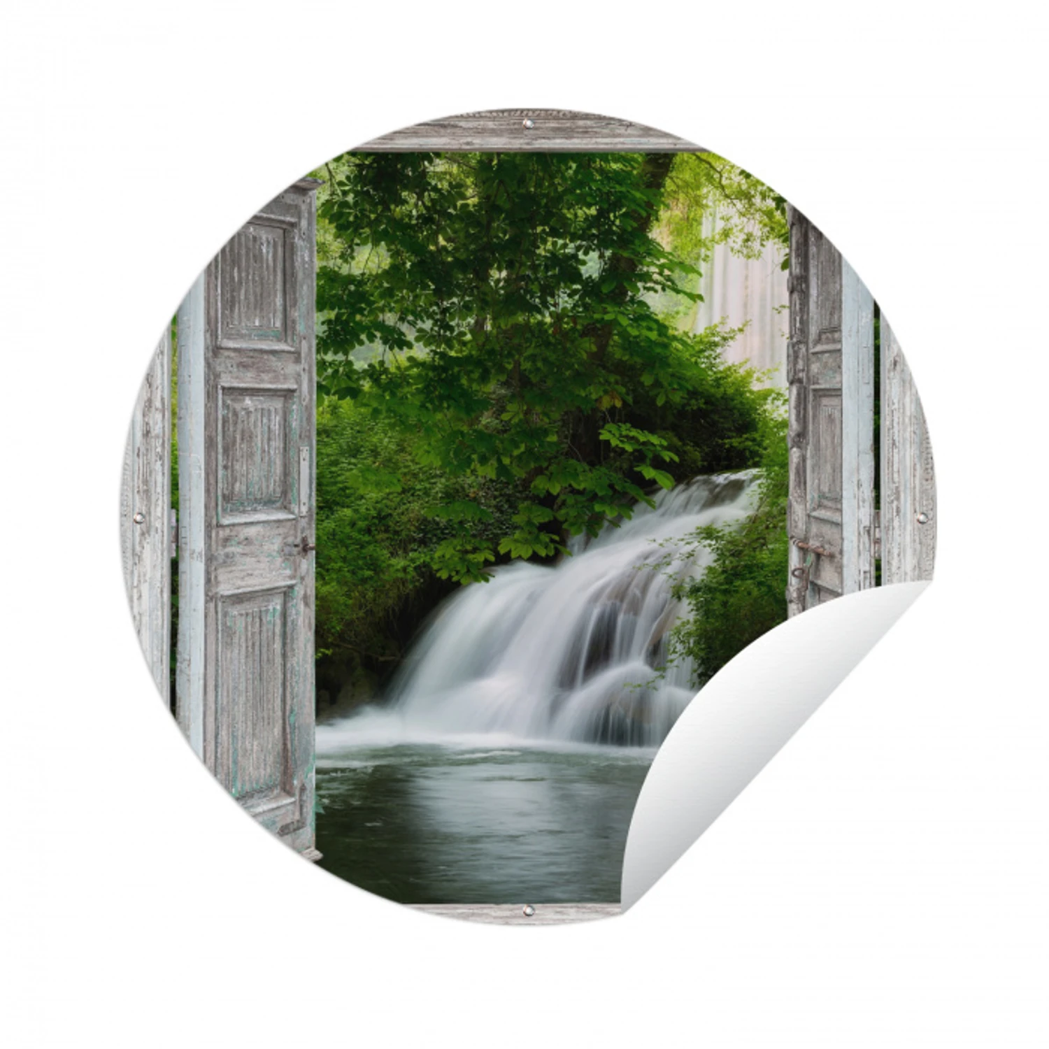 Waterval - Doorkijk - Landschap Wandcirkel tuinposter met ringen klein -3d