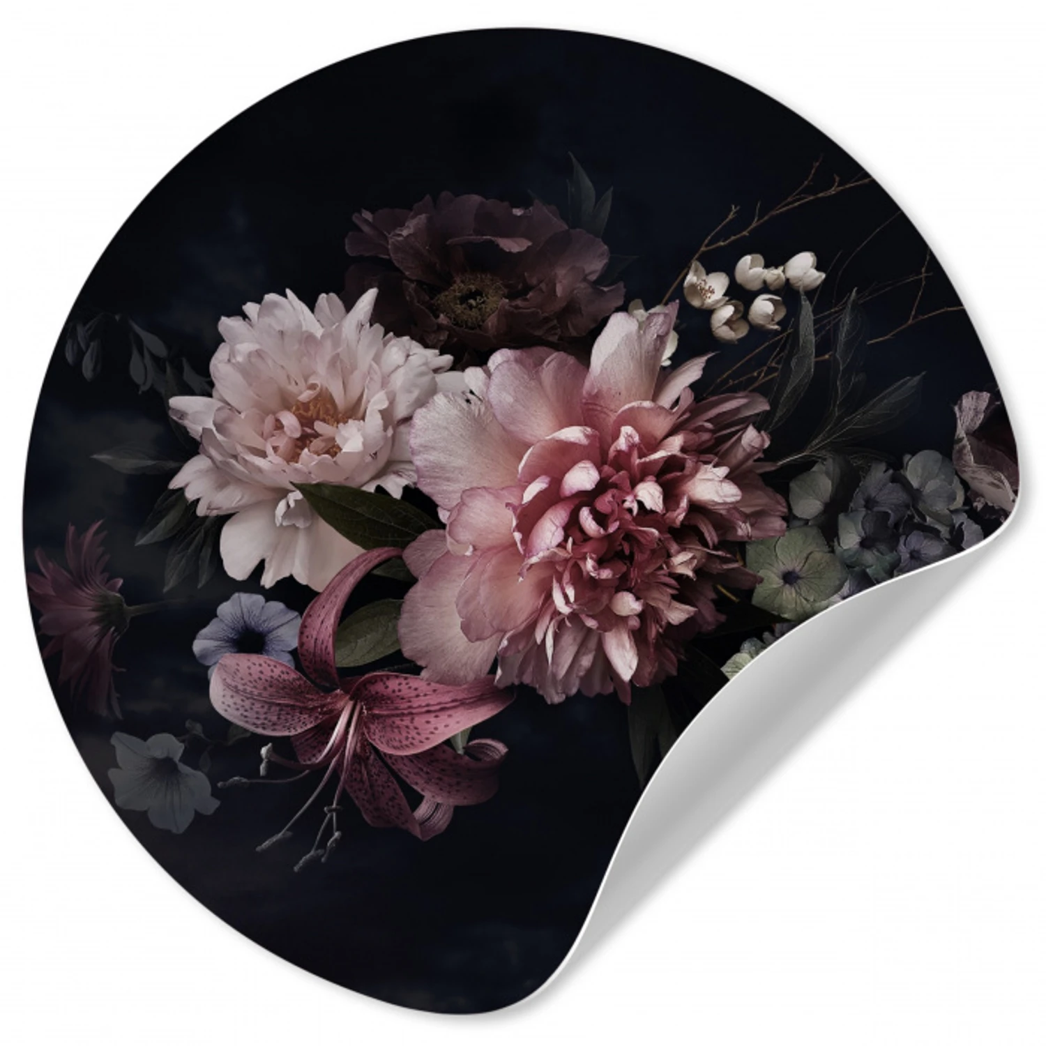 Bloemen - Vintage - Pastel - Zwart - Boeket Wandcirkel behangsticker klein -3d