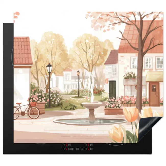 Dorpsplein - Fontein - Tulpen Inductie beschermer vinyl 3mm middel -3d