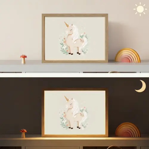 Eenhoorn - Bloemen - Beige Light Box met batterij (Wandlamp kind) middel -sfeer3_kind