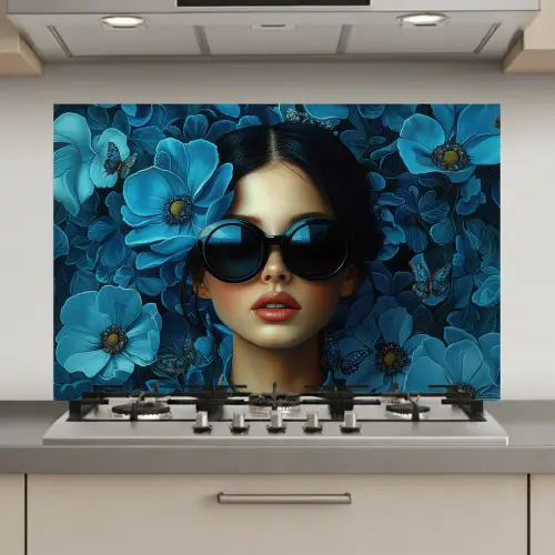 Vrouw - Bloemen - Blauw - Aesthetic - Luxe keuken achterwand spatscherm klein -3d_website