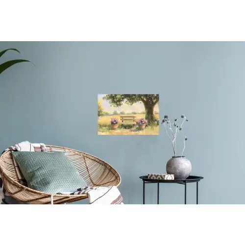 Houten bankje - Bloempotten - Landschap Muursticker klein -plant