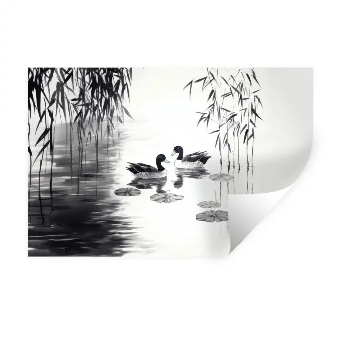 Eenden - Waterlelies - Riet - Zwart Muursticker klein -3d