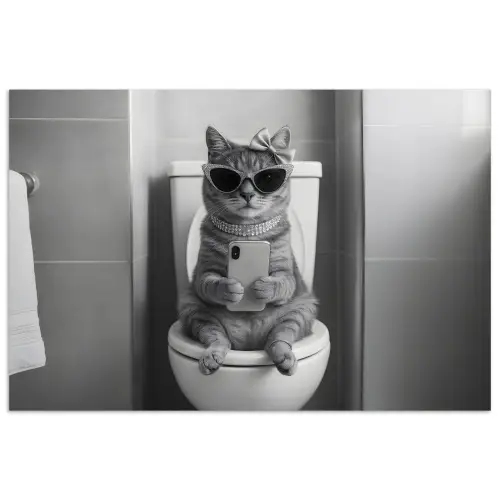 Kat - Telefoon - Toilet - Zwart - Wit poster papier klein -3d