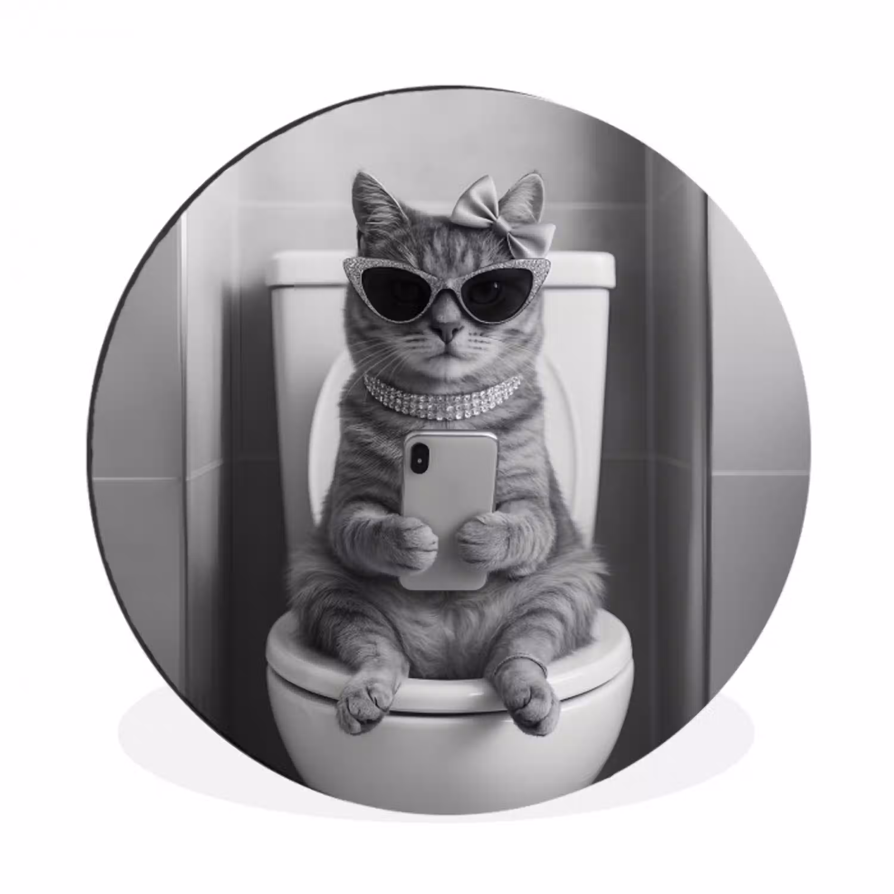 Kat - Telefoon - Toilet - Zwart - Wit Wandcirkel aluminium klein -3d
