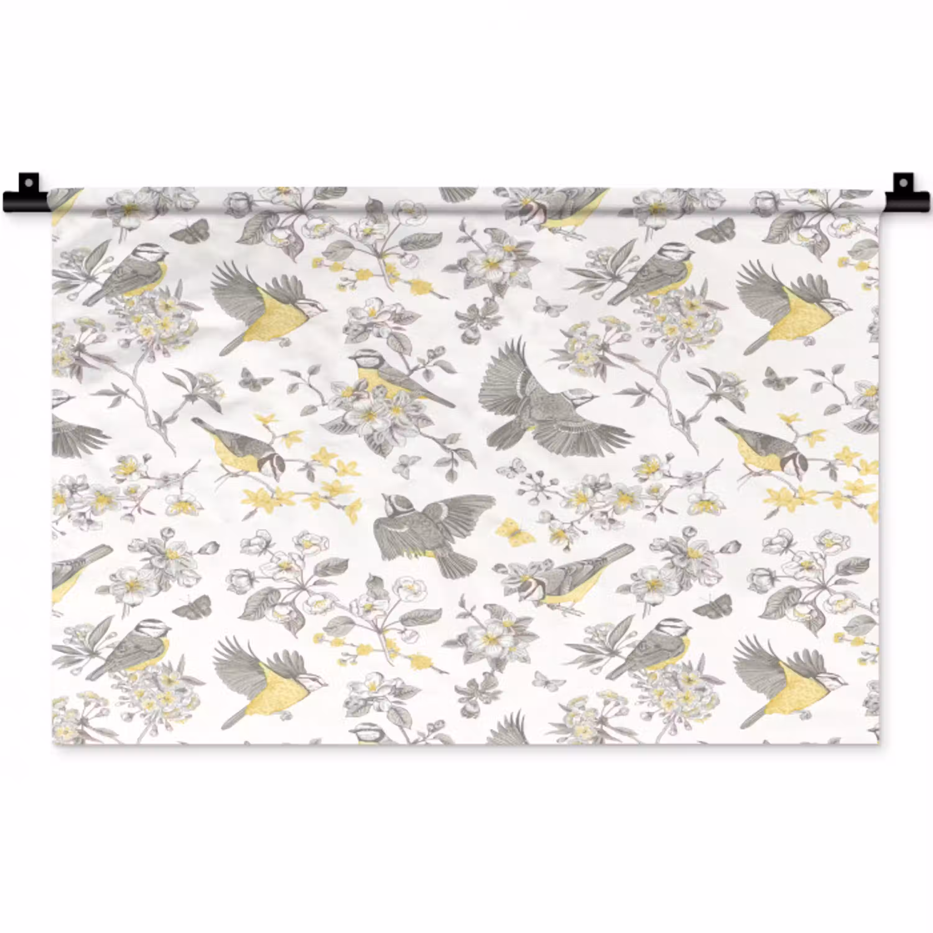 Birds - Flowers - Gray - Yellow Wandkleed katoen klein 269 -zz3d