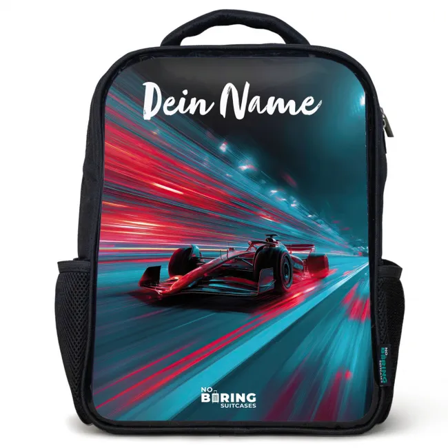 Kinderrucksack mit Namen - Schwarz - Formel 1 - Rennwagen - Rot - Neonlichter