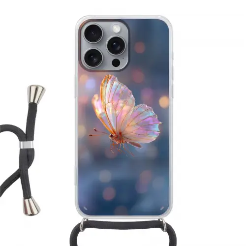 Vlinder - Vleugels - Pastel - Glinstering Hoesje iPhone 16 Pro Max met koord klein -3d