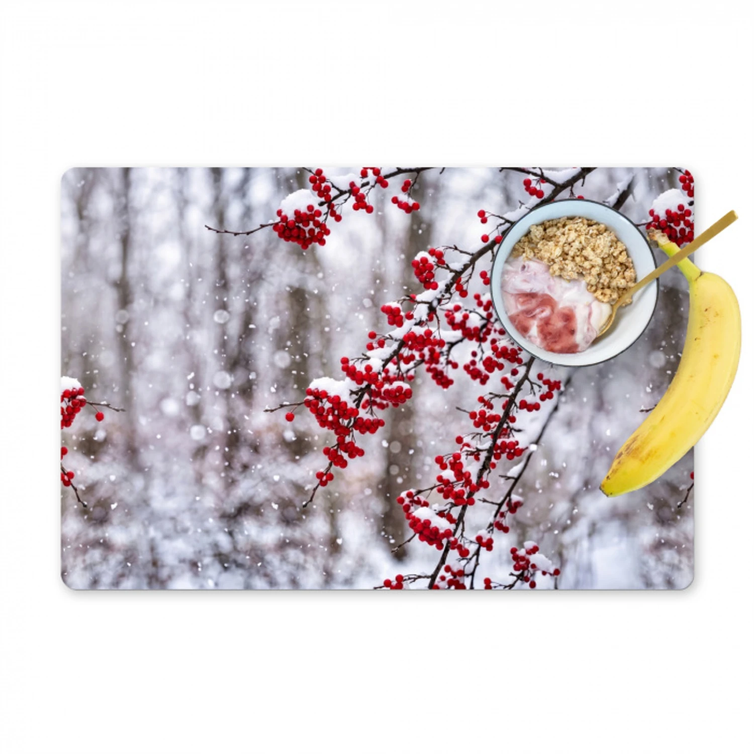 Bessen - Takken - Sneeuw - Winter - Kleurrijk Placemat vinyl groot -zzzproduct_Kitchenyeah-website