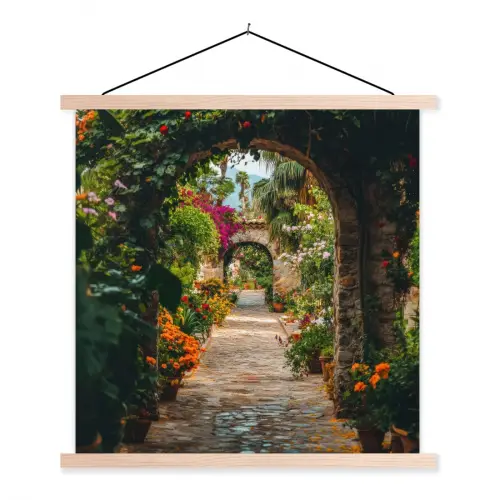 Doorkijk - Bloemen - Poort - Stenen textielposter latten blank klein -3d