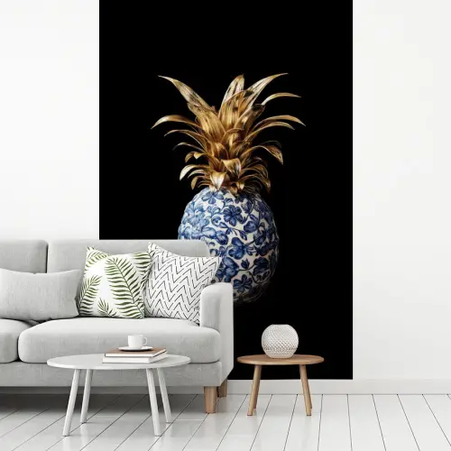 Ananas - Bloemen patroon - Goud - Delftsblauw fotobehang vinyl groot -woonkamer